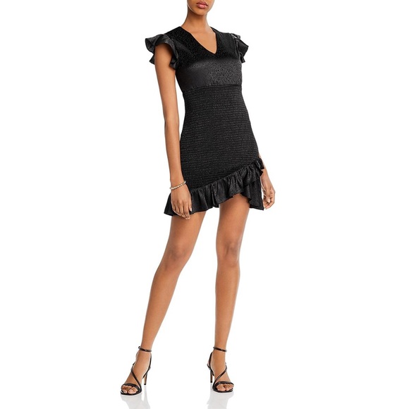 Aqua NWT Tonal Leopard Print Flutter Sleeve Asymmetrical Mini Dress Black M New - Picture 1 of 8